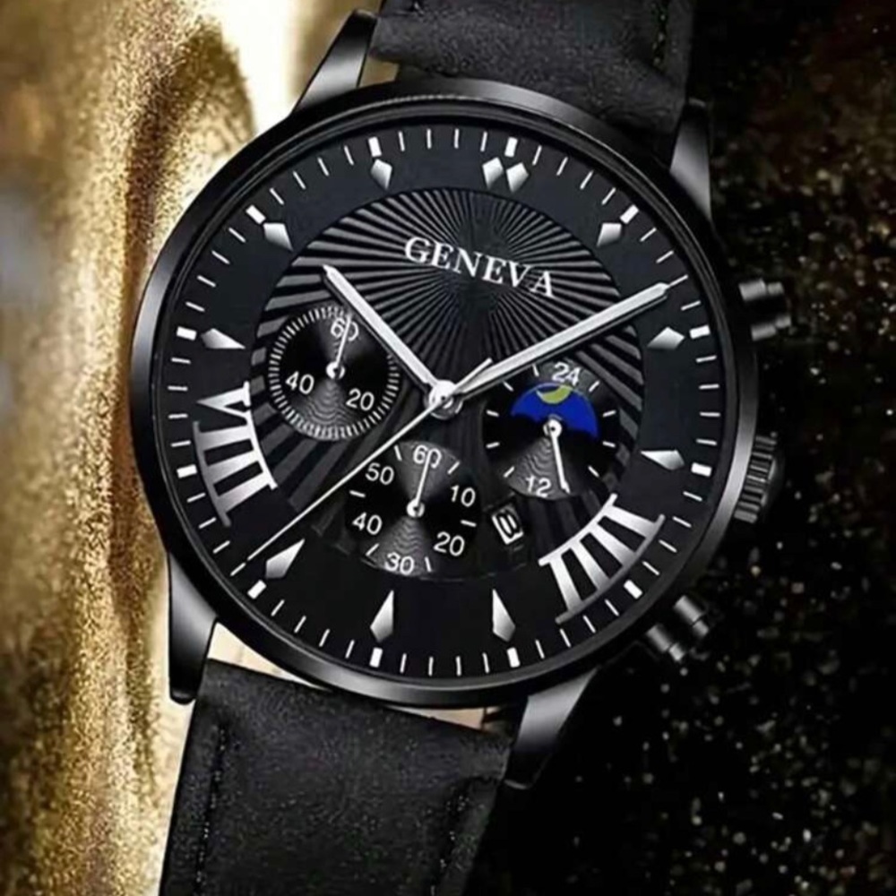 1pc Men Round Pointer Date Quartz Watch & 1pc Bracelet